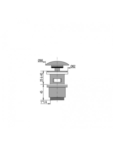 Plan 124300 000 00 Bonde digiclic pour lavabo avec trop plein h58mm, avec intercalaire laiton chromé