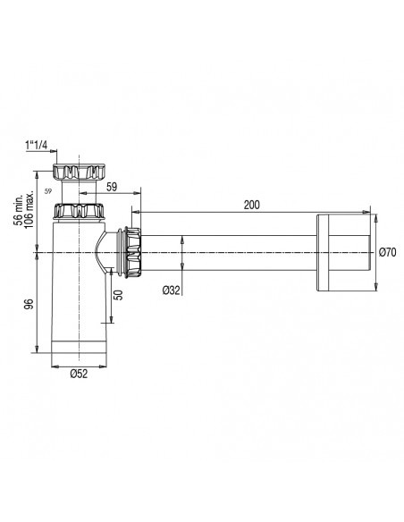 Drawing 612100 001 00 Universal adjustable basin trap D.32mm white with wall outlet. made of recycled plastic