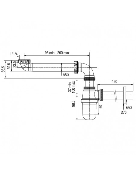 Drawing 608700 000 00 space-saving pipe, with retro trap, wall outlet and rosette