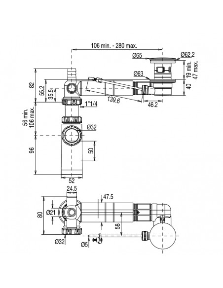 plan 623100 000 00 Bonde universelle à tirette horizontale avec siphon design epure NF