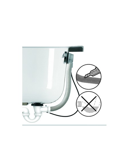 The bathtub overflow hose is trimmable and retains its shape; it adjusts to the size of the bathtub to prevent water retention.