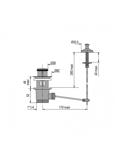 Plan  Bonde pour lavabo à clapet laiton chromé et tirette verticale réf 100100 000 00