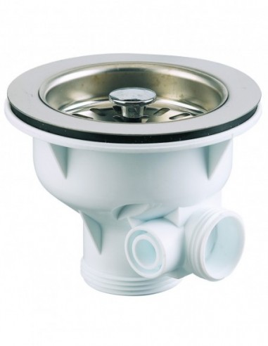Bonde en plastique pour évier de Diam.90 mm avec panier en inox et cuvette de Diam 113 mm