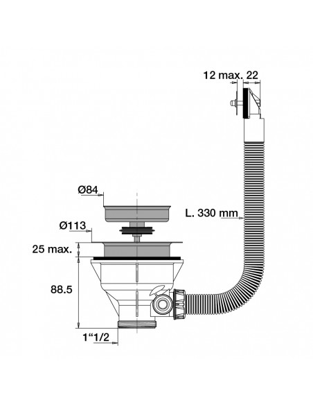 Drawing 408500 000 00 D90 sink waste with stainless steel basket strainer and overflow