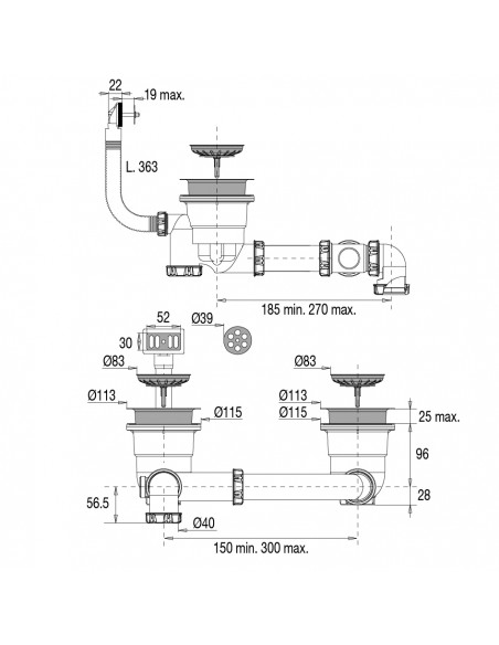 Drawing 396100 000 00 extra-flat drainage complete kit for double bowl sink orifice diam 90 mm