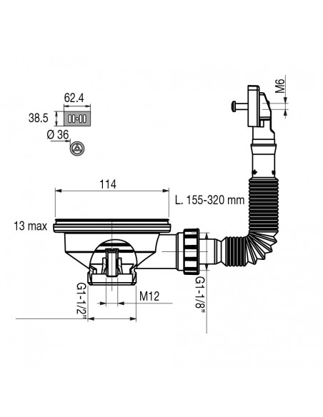 Technical drawing for kitchen sink waste with extendable overflow kit