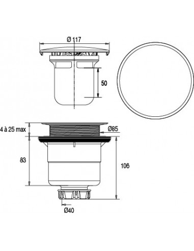 plan 55300000000 bonde douche diam.90 capot abs  marque nf fit express cleany quick, en plastique recyclé