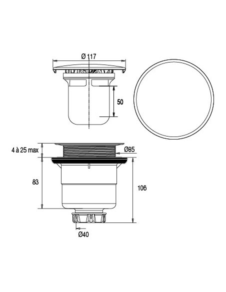 plan 55300000000 bonde douche diam.90 capot abs  marque nf fit express cleany quick, en plastique recyclé