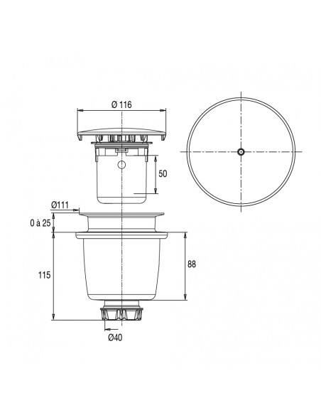plan 55600000000 bonde douche diam.90 capot abs  marque nf fit express cleany quick
