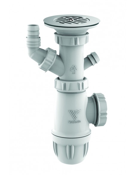 Equipement complet pour évier avec grille inox, siphon réglable et prises trop-plein et machine à laver