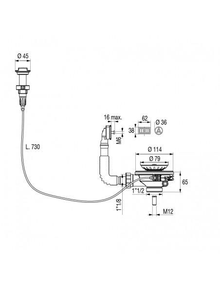 Plan de bonde automatique à câble pour évier 1 cuve percé en diam 90 mm