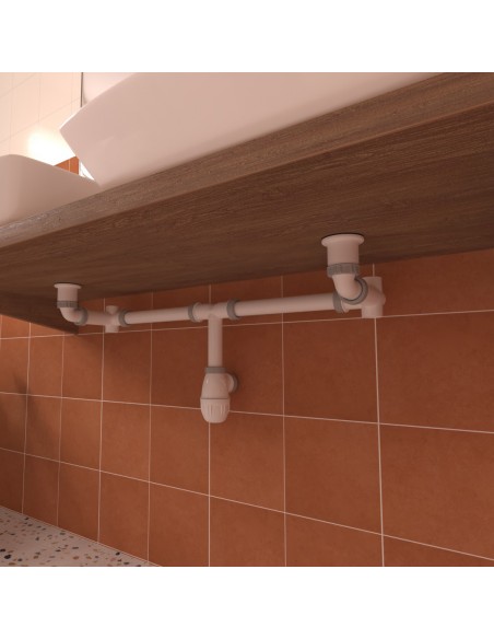 Space saving connecting equipment with trap offset towards the wall