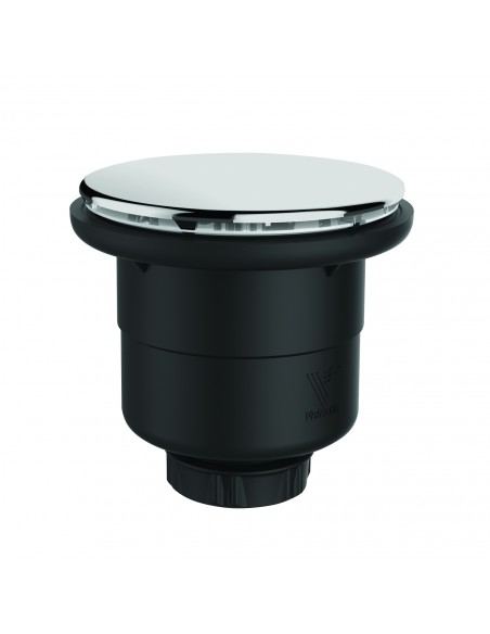 Shower drain with chrome-plated ABS cover and vertical outlet. Body made of recycled plastic.